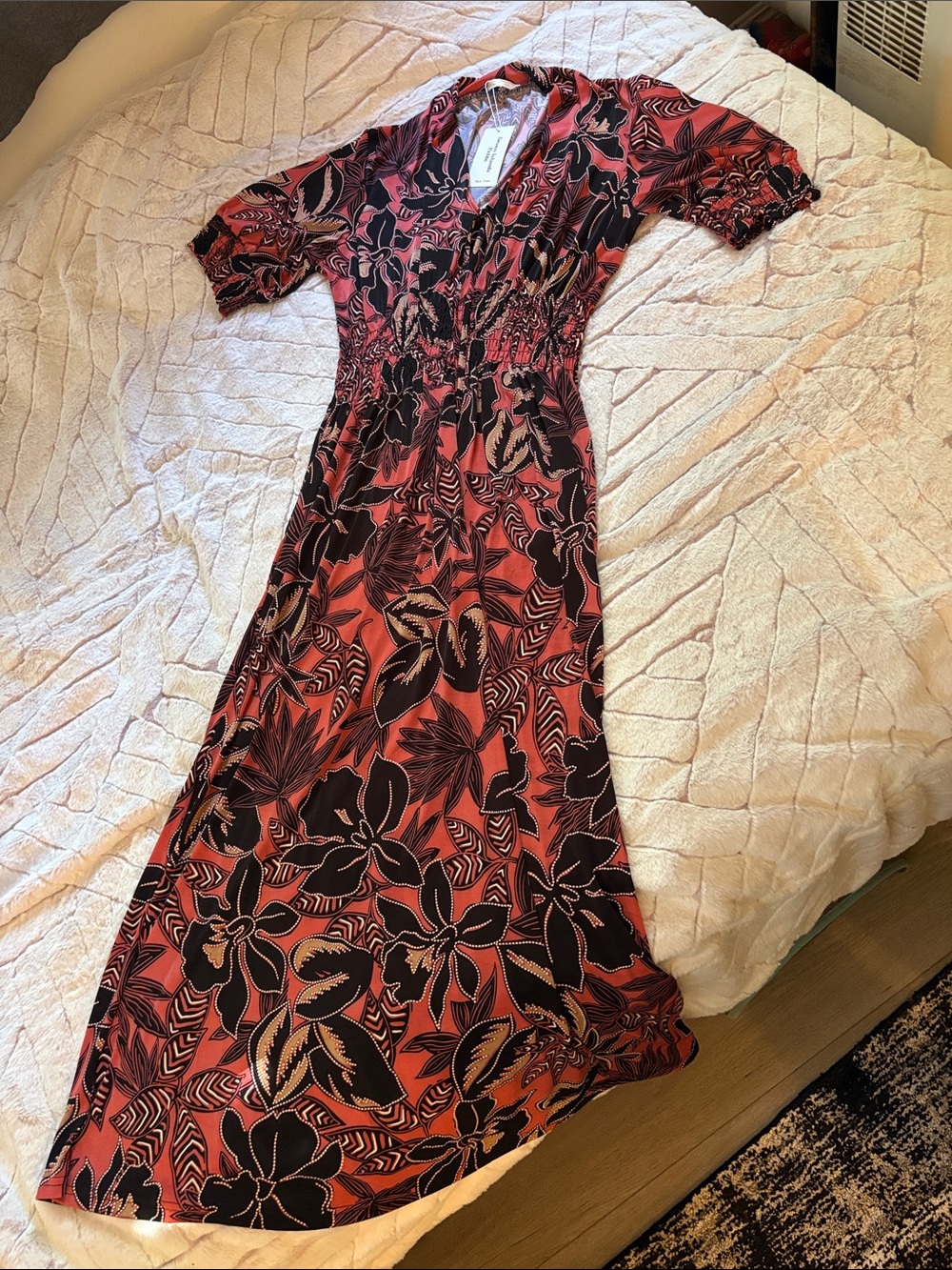 Floral Red V-Neck Maxi Dress with Smocked Waist